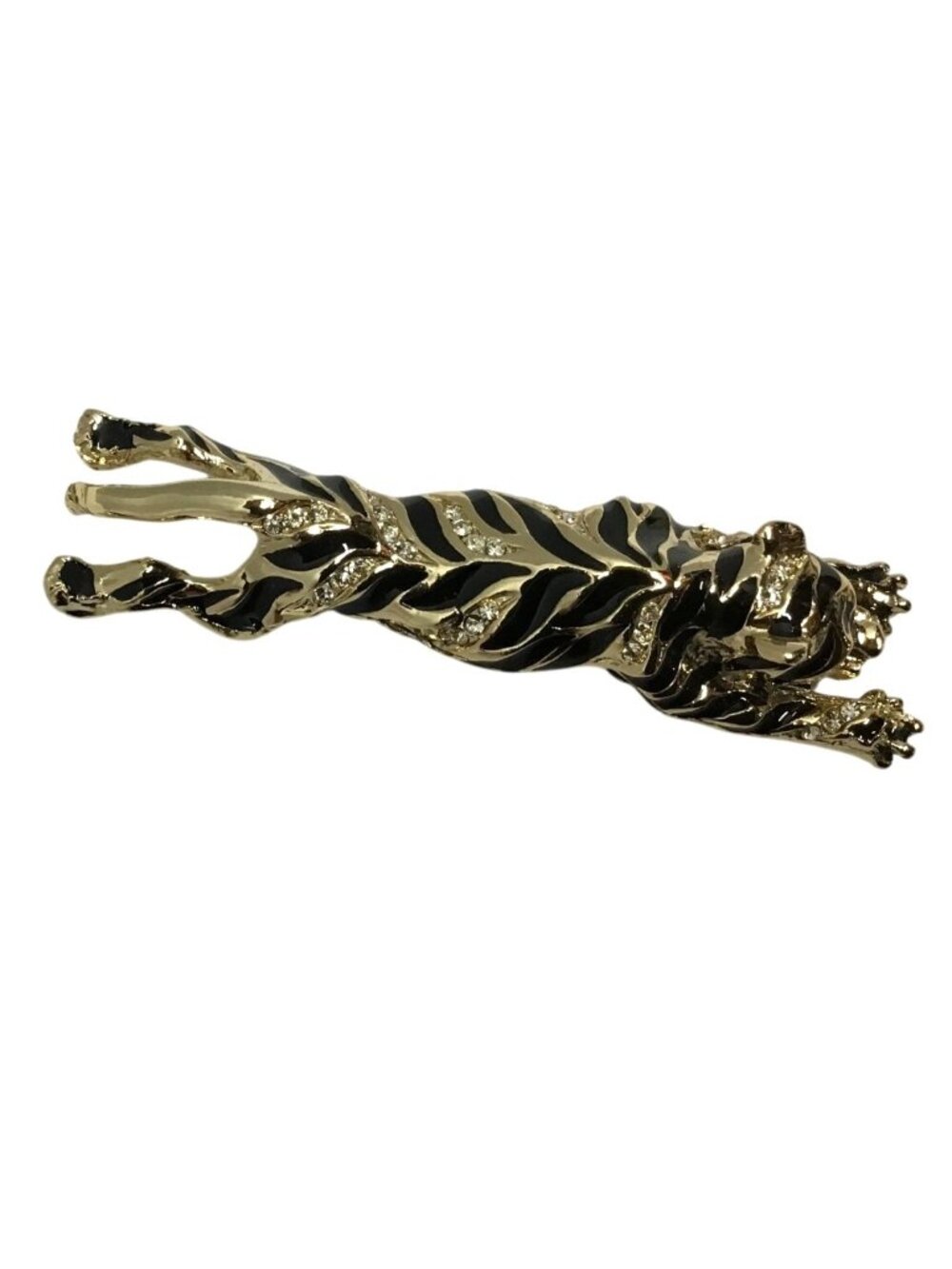 Metal Vintage Gold Tone Black Enamel Rhinestone Green Eyed Tiger Brooch Pin